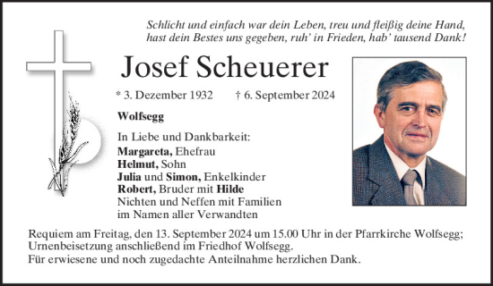 Traueranzeige von Josef Scheuerer von Mittelbayerische Zeitung Regensburg