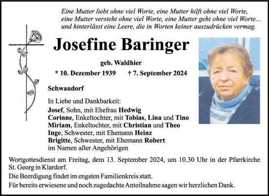 Traueranzeige von Josefine Baringer von Mittelbayerische Zeitung Schwandorf