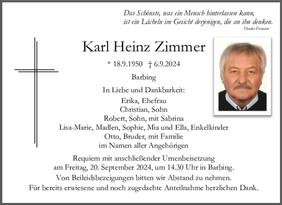 Traueranzeige von Karl Heinz Zimmer von Mittelbayerische Zeitung Regensburg