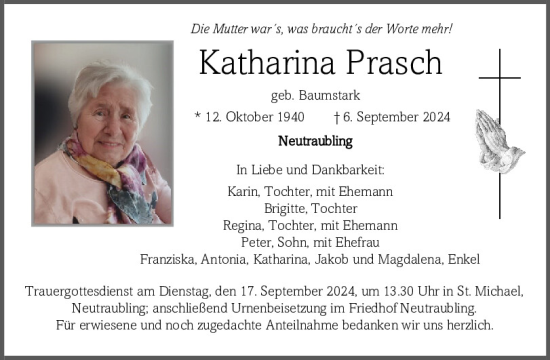 Traueranzeige von Katharina Prasch von Mittelbayerische Zeitung Regensburg