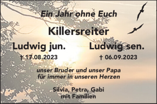 Traueranzeige von Ludgwig jun. Killersreiter von Mittelbayerische Zeitung Regensburg