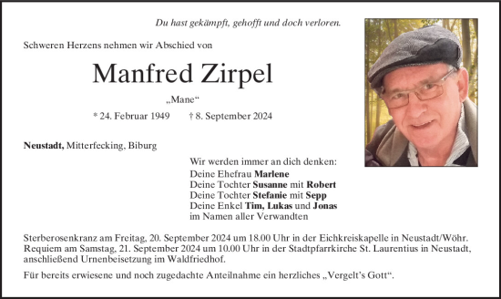 Traueranzeige von Manfred Zirpel von Mittelbayerische Zeitung Kelheim