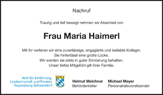 Traueranzeige von Maria Haimerl von Mittelbayerische Zeitung Schwandorf