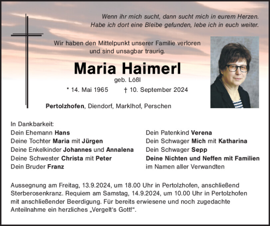 Traueranzeige von Maria Haimerl von Mittelbayerische Zeitung Schwandorf