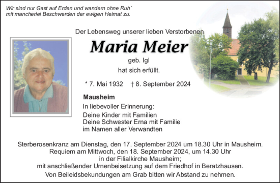 Traueranzeige von Maria Meier von Mittelbayerische Zeitung Regensburg