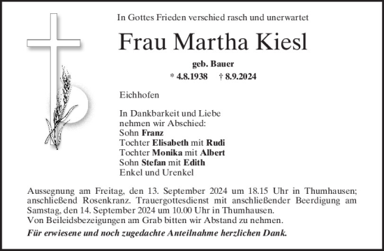 Traueranzeige von Martha Kiesl von Mittelbayerische Zeitung Regensburg