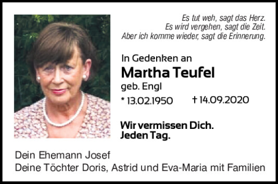 Traueranzeige von Martha Teufel von Mittelbayerische Zeitung Regensburg