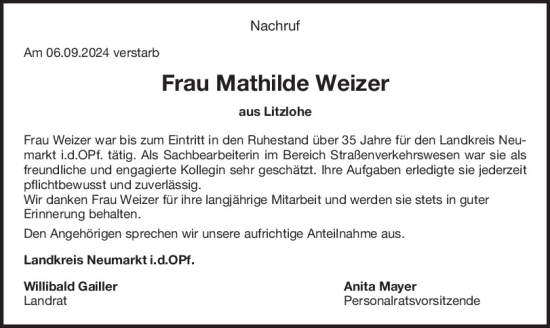 Traueranzeige von Mathilde Weizer von Neumarkter Tagblatt