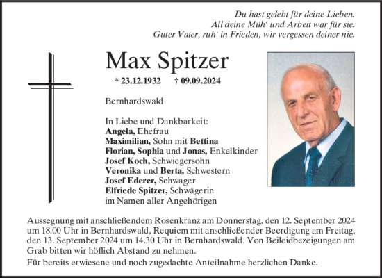 Traueranzeige von Max Spitzer von Mittelbayerische Zeitung Regensburg