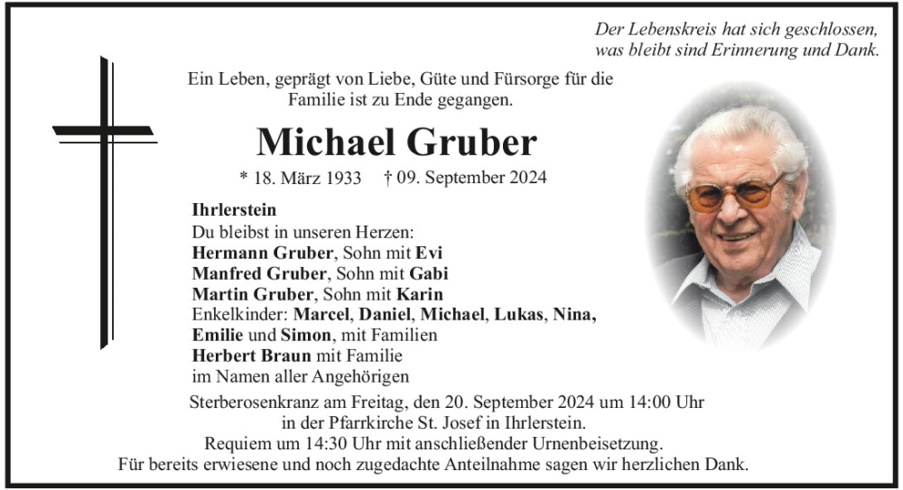  Traueranzeige für Michael Gruber vom 17.09.2024 aus Mittelbayerische Zeitung Kelheim