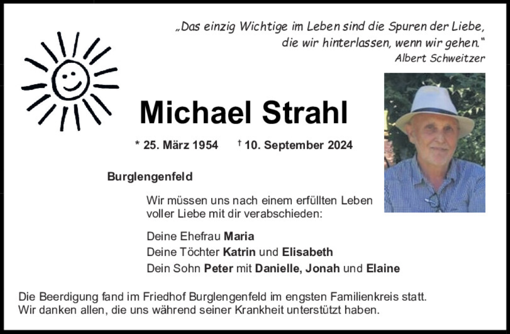  Traueranzeige für Michael Strahl vom 18.09.2024 aus Mittelbayerische Zeitung Schwandorf