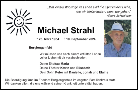 Traueranzeige von Michael Strahl von Mittelbayerische Zeitung Schwandorf