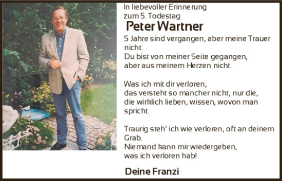 Traueranzeige von Peter Wartner von Mittelbayerische Zeitung Regensburg