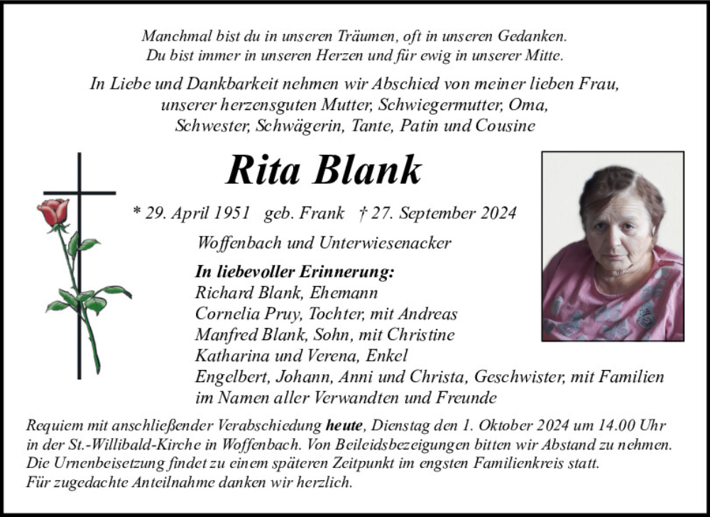  Traueranzeige für Rita Blank vom 01.10.2024 aus Neumarkter Tagblatt