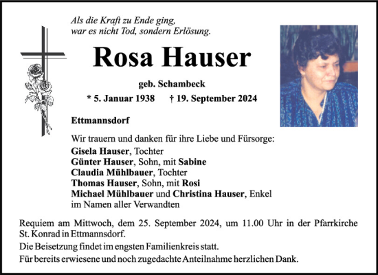 Traueranzeige von Rosa Hauser von Mittelbayerische Zeitung Schwandorf