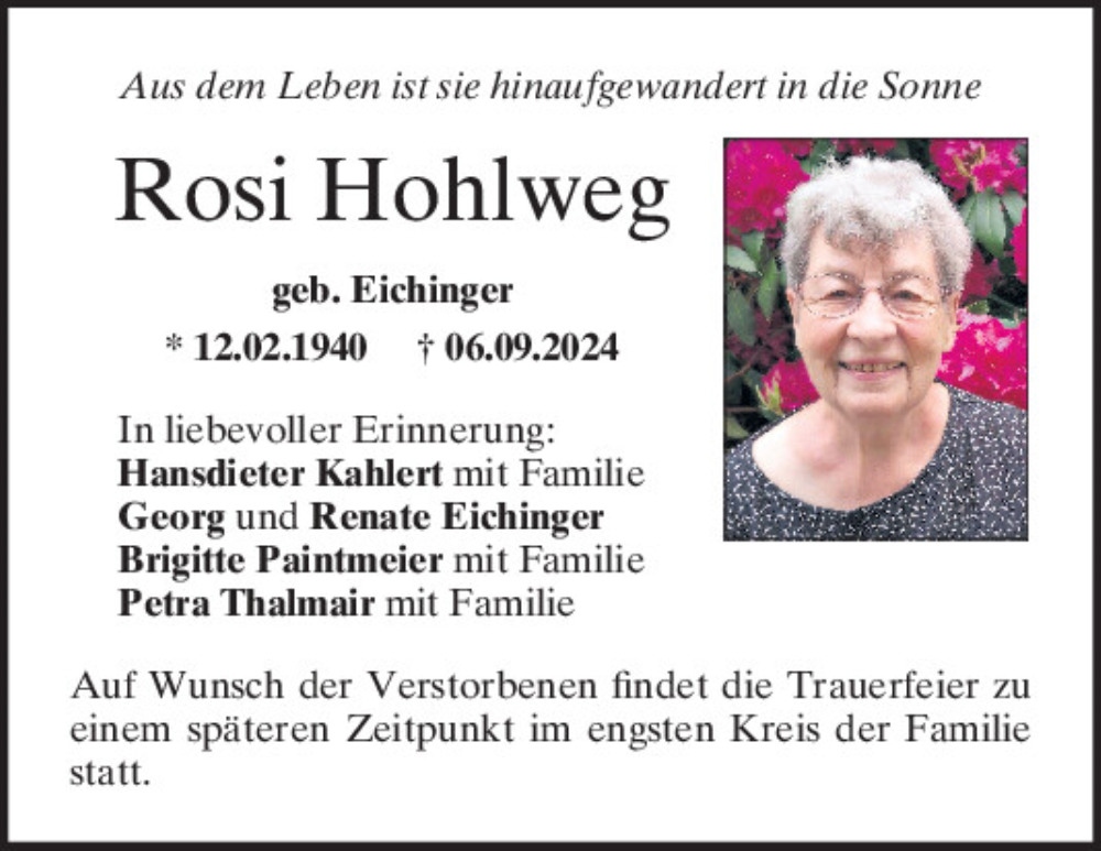  Traueranzeige für Rosi Hohlweg vom 14.09.2024 aus Mittelbayerische Zeitung Regensburg