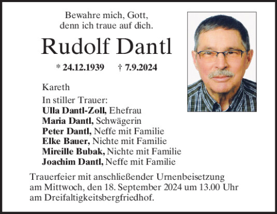 Traueranzeige von Rudolf Dantl von Mittelbayerische Zeitung Regensburg