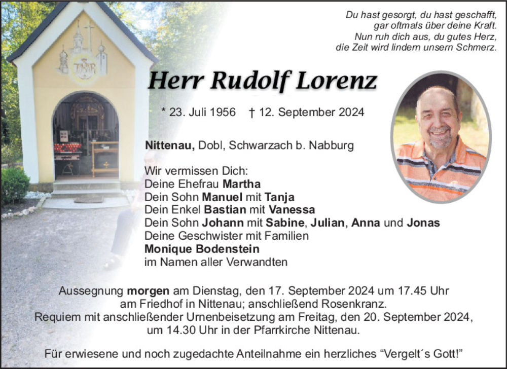  Traueranzeige für Rudolf Lorenz vom 16.09.2024 aus Mittelbayerische Zeitung Schwandorf