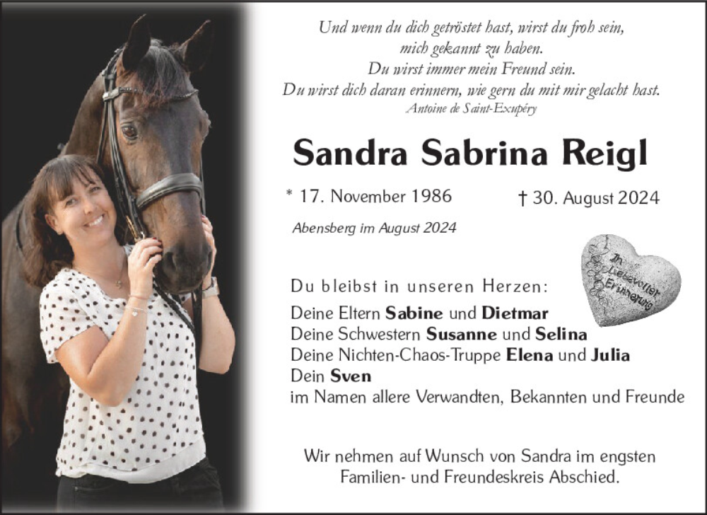  Traueranzeige für Sandra Sabrina Reigl vom 07.09.2024 aus Mittelbayerische Zeitung Kelheim