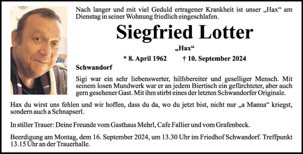  Traueranzeige für Siegfried Lotter vom 14.09.2024 aus Mittelbayerische Zeitung Schwandorf