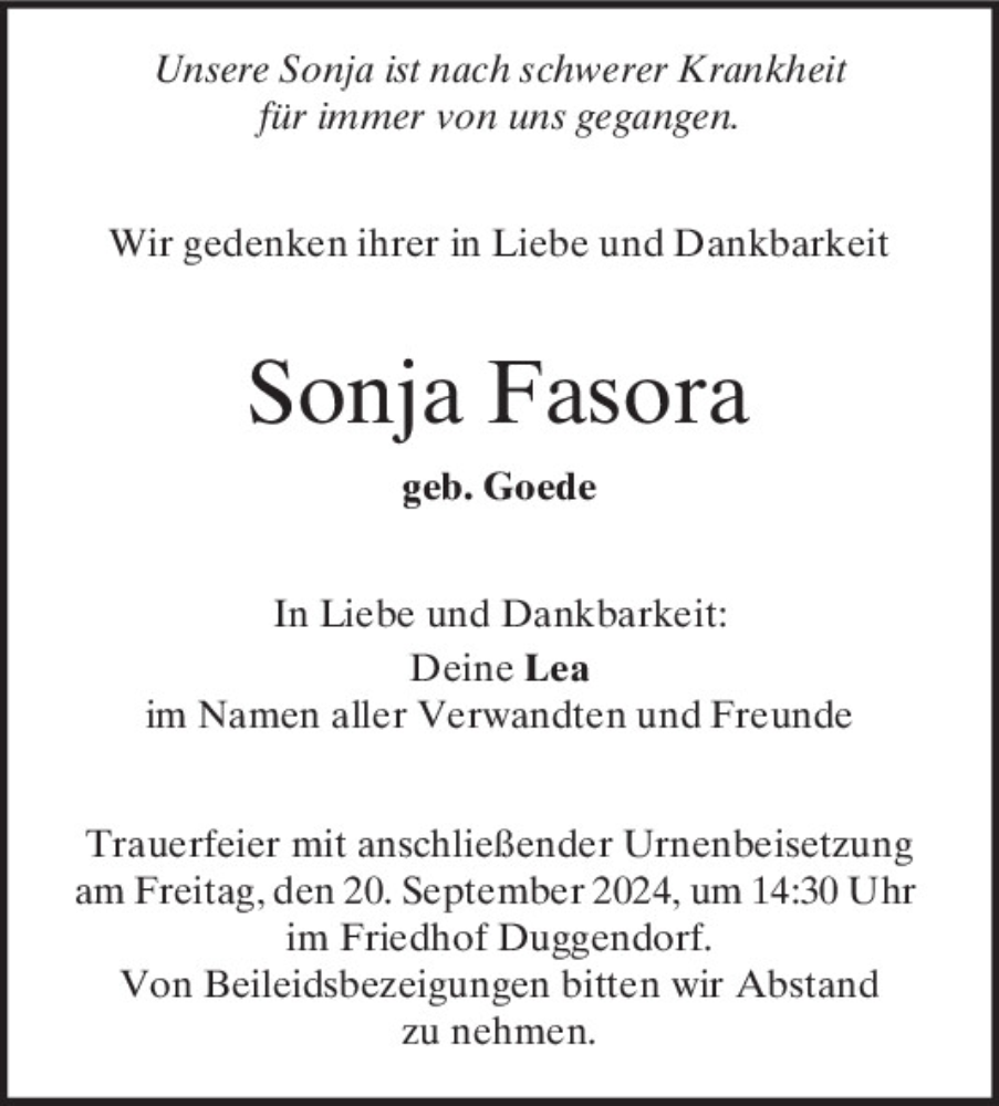  Traueranzeige für Sonja Fasora vom 18.09.2024 aus Mittelbayerische Zeitung Schwandorf