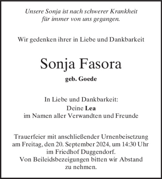 Traueranzeige von Sonja Fasora von Mittelbayerische Zeitung Schwandorf