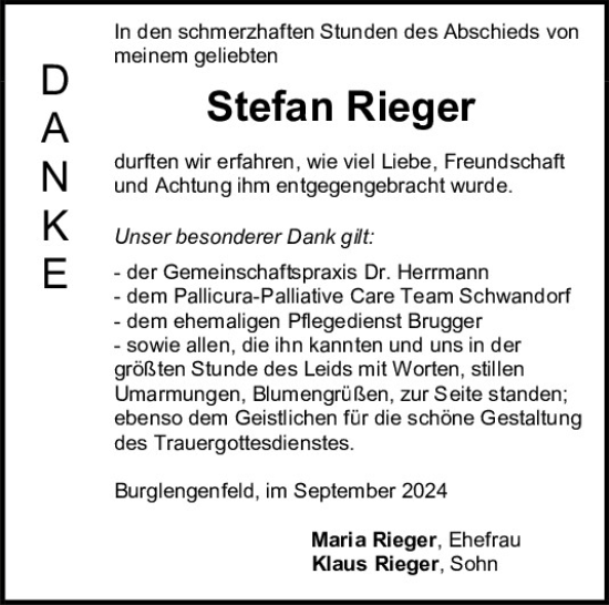 Traueranzeige von Stefan Rieger von Mittelbayerische Zeitung Schwandorf