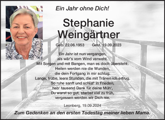 Traueranzeige von Stephanie Weingärtner von Mittelbayerische Zeitung Schwandorf