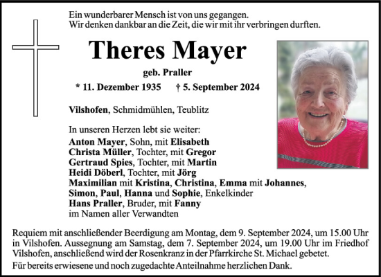 Traueranzeige von Theres Mayer von Mittelbayerische Zeitung Schwandorf