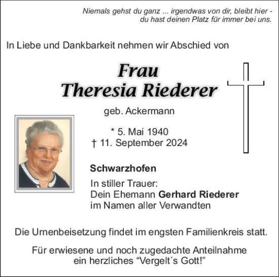 Traueranzeige von Theresia Riederer von Mittelbayerische Zeitung Schwandorf