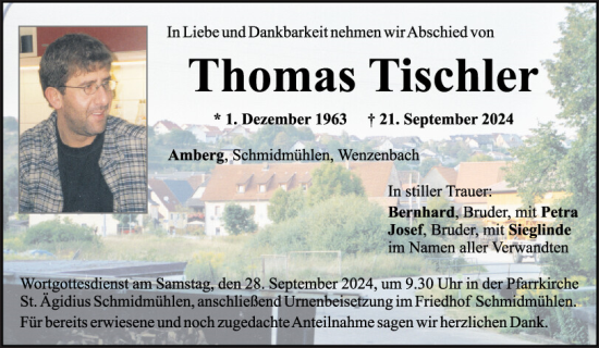 Traueranzeige von Thomas Tischler von Mittelbayerische Zeitung Schwandorf