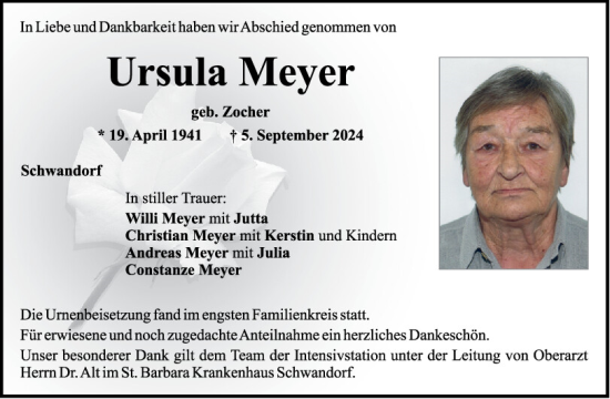 Traueranzeige von Ursula Meyer von Mittelbayerische Zeitung Schwandorf