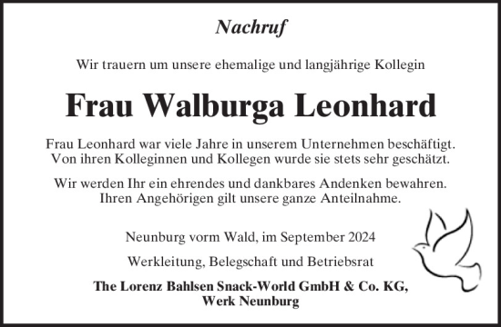 Traueranzeige von Walburga Leonhard von Mittelbayerische Zeitung Schwandorf