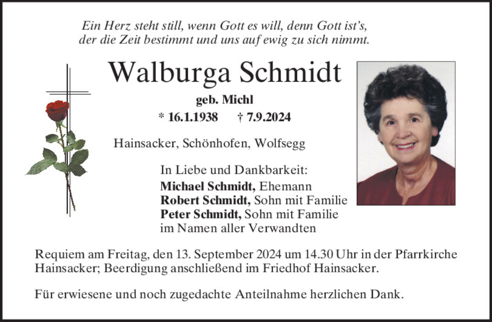  Traueranzeige für Walburga Schmidt vom 11.09.2024 aus Mittelbayerische Zeitung Regensburg