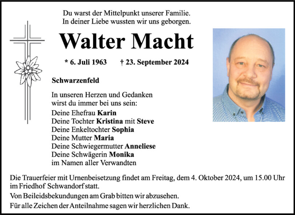  Traueranzeige für Walter Macht vom 28.09.2024 aus Mittelbayerische Zeitung Schwandorf