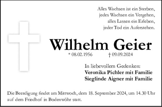 Traueranzeige von Wilhelm Geier von Mittelbayerische Zeitung Gesamtausgabe