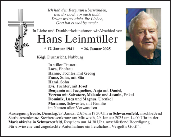 Traueranzeige von Hans Leinmüller von Mittelbayerische Zeitung