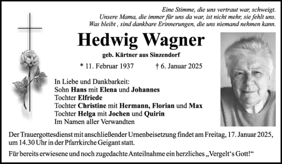 Traueranzeige von Hedwig Wagner von Bayerwald Echo