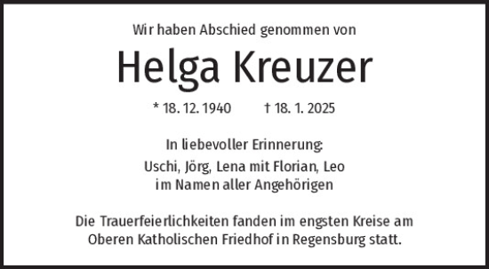 Traueranzeige von Helga Kreuzer von Mittelbayerische Zeitung Regensburg