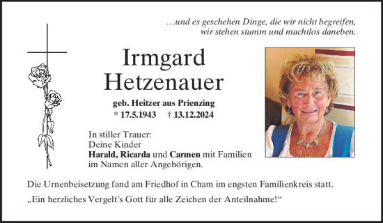 Traueranzeige von Irmgard Hetzenauer von Bayerwald Echo