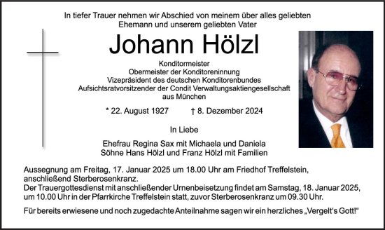 Traueranzeige von Johann Hölzl von Bayerwald Echo