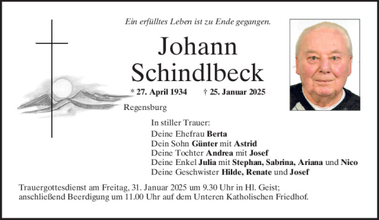 Traueranzeige von Johann Schindlbeck von Mittelbayerische Zeitung Regensburg