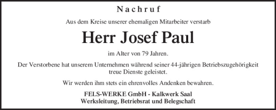 Traueranzeige von Josef Paul von Mittelbayerische Zeitung Kelheim