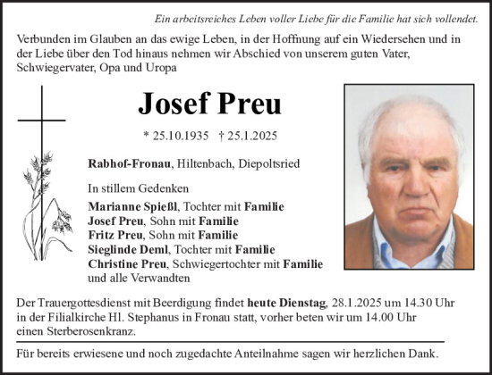 Traueranzeige von Josef Preu von Bayerwald Echo