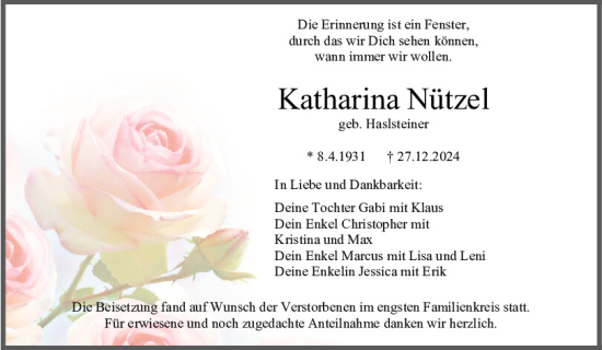 Traueranzeige von Katharina Nützel von Mittelbayerische Zeitung Regensburg