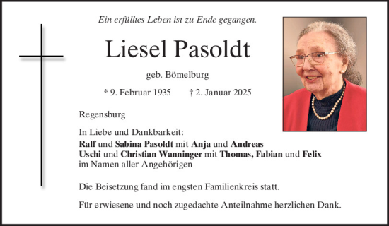 Traueranzeige von Liesel Pasoldt von Mittelbayerische Zeitung Regensburg