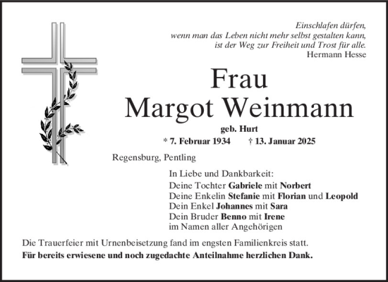 Traueranzeige von Margot Weinmann von Mittelbayerische Zeitung Regensburg