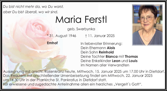 Traueranzeige von Maria Ferstl von Mittelbayerische Zeitung Schwandorf