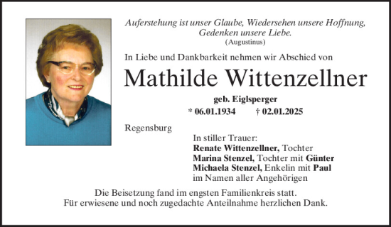 Traueranzeige von Mathilde Wittenzellner von Mittelbayerische Zeitung Regensburg