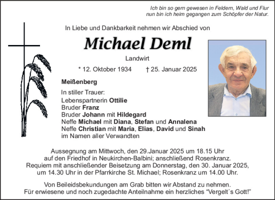 Traueranzeige von Michael Deml von Mittelbayerische Zeitung